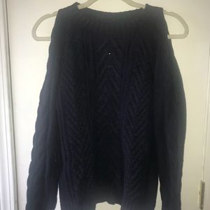 Slit shoulder navy blue chunky sweater